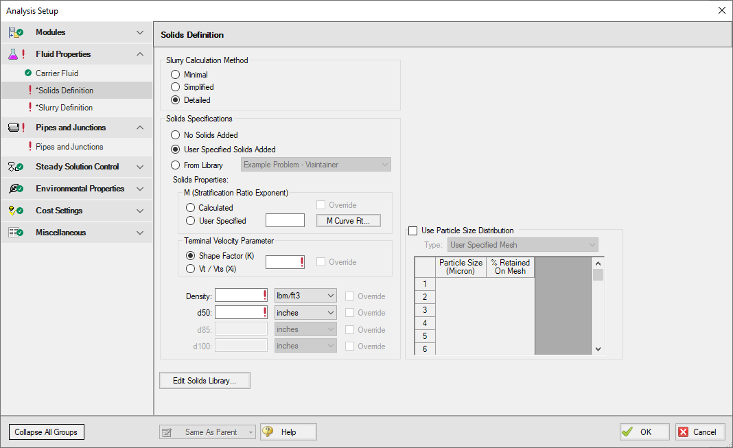 The Solids Definition panel in Analysis Setup when the Detailed Slurry Calculation method and Calculated M options are selected.